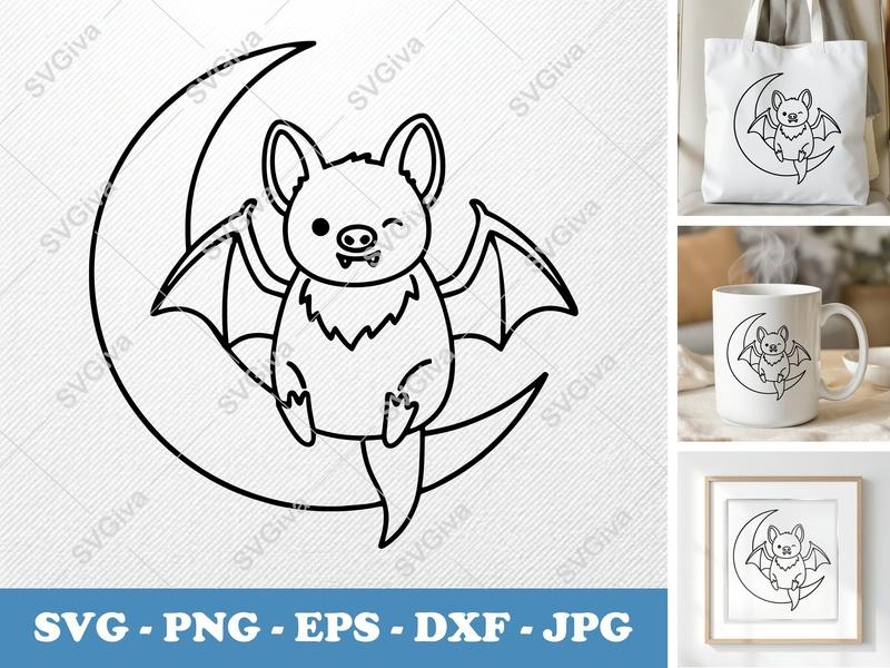Bat SVG Cute Moon Design | Kawaii Halloween Animal Cut File for Cricut, Silhouette | PNG EPS DXF Vector Clipart