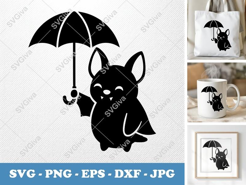 Bat SVG Cute Umbrella Design | Halloween Spooky Clipart | PNG EPS DXF for Cricut Silhouette