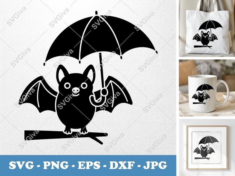 Bat SVG Cute Umbrella Design | Modern Halloween Animal PNG EPS DXF | Cricut Silhouette Cut File