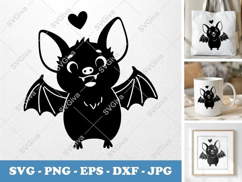 Bat SVG | Cute Vampire Bat with Heart PNG EPS DXF | Halloween Animal Cut File for Cricut, Silhouette, Shirt Design