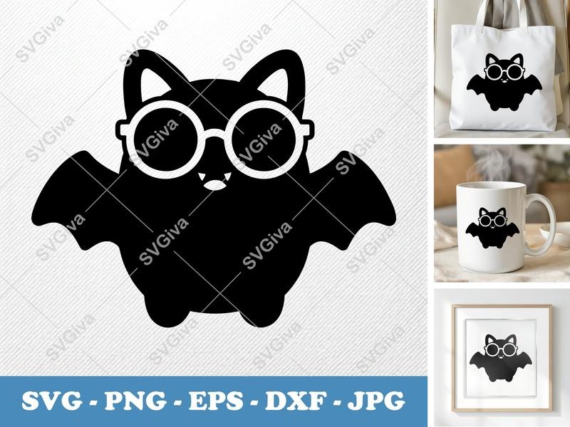 Bat SVG Cute with Glasses, Halloween Animal Clipart, PNG EPS DXF for Cricut, Silhouette, Vector Cut File
