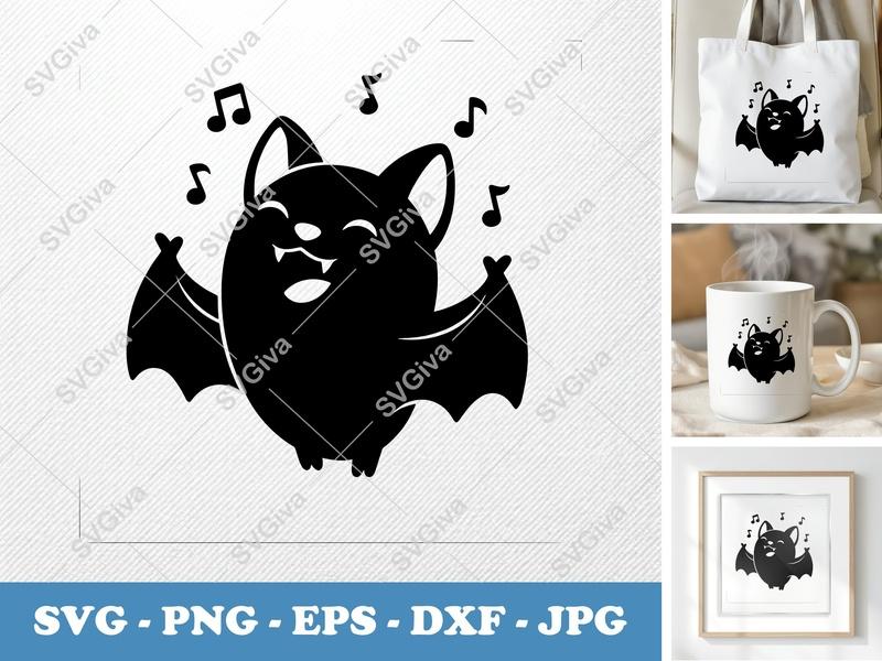 Bat SVG | Singing Cute Cartoon Vampire Bat with Music Notes PNG EPS DXF | Cricut & Silhouette Cut File | Halloween Kawaii