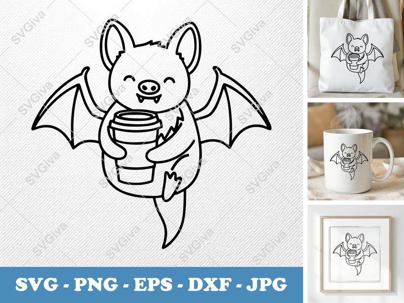 Bat SVG with Coffee, Cute Halloween Bat PNG EPS DXF for Cricut & Silhouette, Modern Clean Clip Art, Fall Spooky Season Design