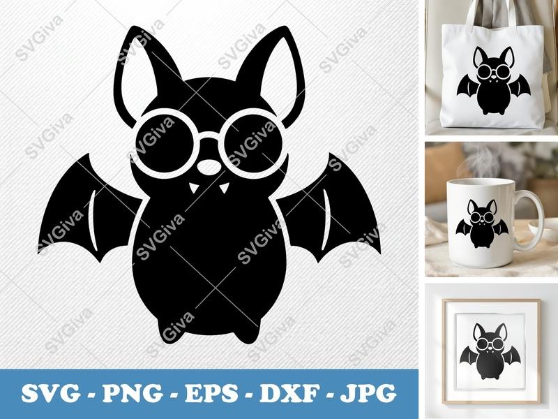 Bat SVG with Glasses, Cute Vampire Bat PNG EPS DXF | Halloween Animal Clip Art for Cricut Silhouette