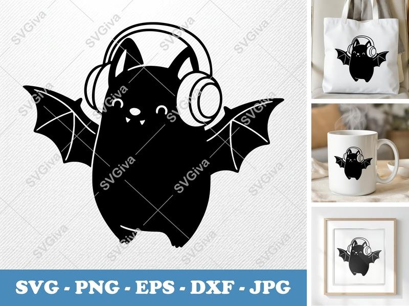 Bat SVG with Headphones | Cute Bat DJ Cut File for Cricut, Silhouette | PNG EPS DXF | Halloween Vector Clipart