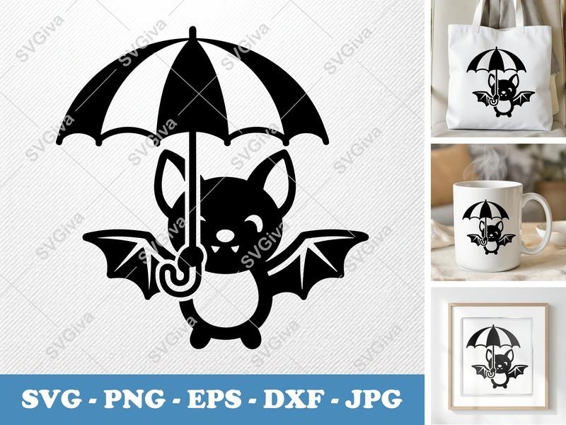 Bat Umbrella SVG | Cute Halloween Bat PNG EPS DXF | Spooky Season Craft File for Cricut Silhouette