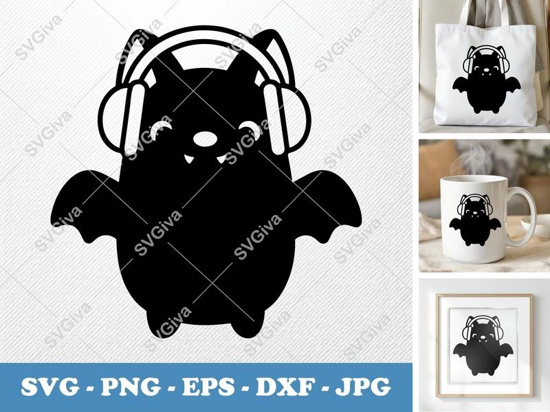 Bat wearing headphones SVG Cut File | Cricut Silhouette | PNG EPS DXF