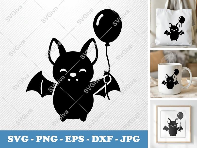 Bat with Balloon SVG | Cute Halloween Decor PNG EPS DXF | Cricut Silhouette Cut File, Vector Clipart