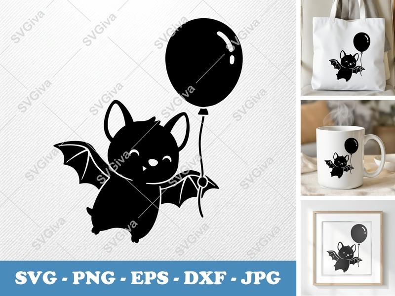 Bat with Balloon SVG | Puffy Soft Shapes | Inflated Pillow-Soft Vector | PNG DXF EPS | Cricut Silhouette Cut File