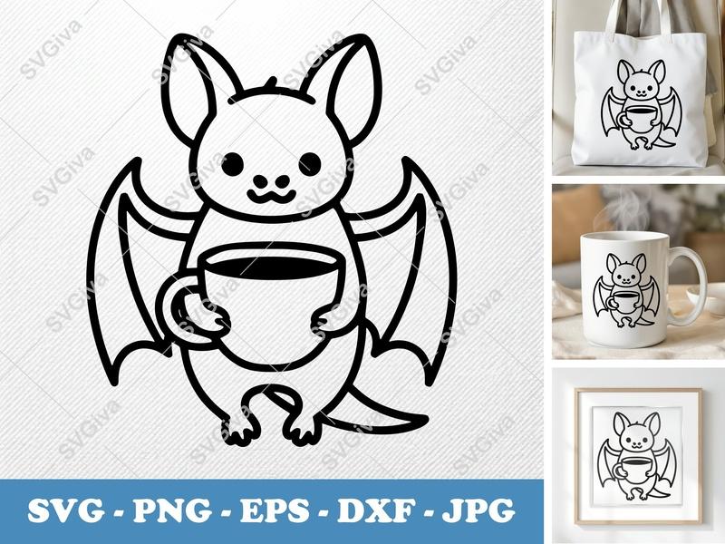 Bat with Coffee Cup SVG | Cute Minimalist Vector | Bold Contour PNG DXF EPS | Cricut Silhouette File