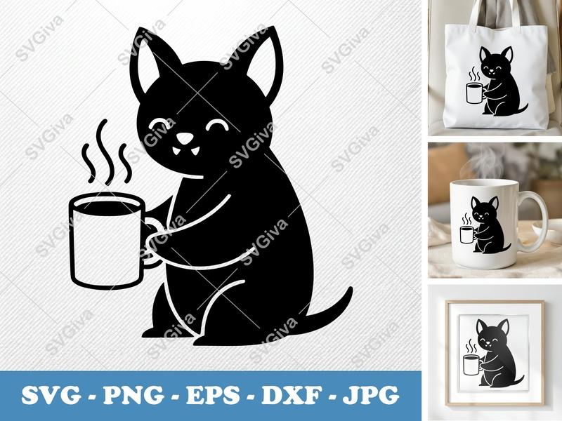 Bat with Coffee Cup SVG | Double-Outline Minimalist Design | Thick Contour, Thin Lines | PNG DXF EPS | Cricut Silhouette File