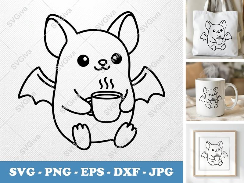Bat with Coffee Cup SVG | Friendly Bean-Shaped Cut File | PNG DXF EPS | Cricut Silhouette Ready