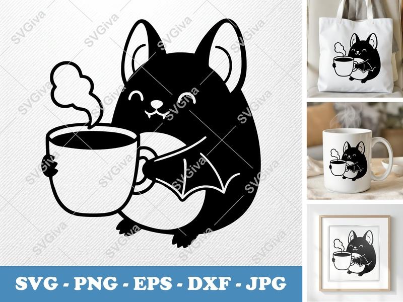 Bat with coffee cup SVG | Puffy Cartoon Critter | PNG DXF EPS | Cricut Silhouette File