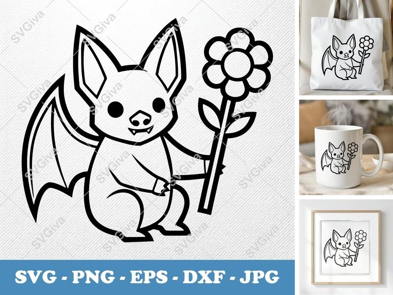 Bat with Flower SVG | Cute Halloween Animal Cut File | PNG EPS DXF for Cricut Silhouette, Kids Craft Decor