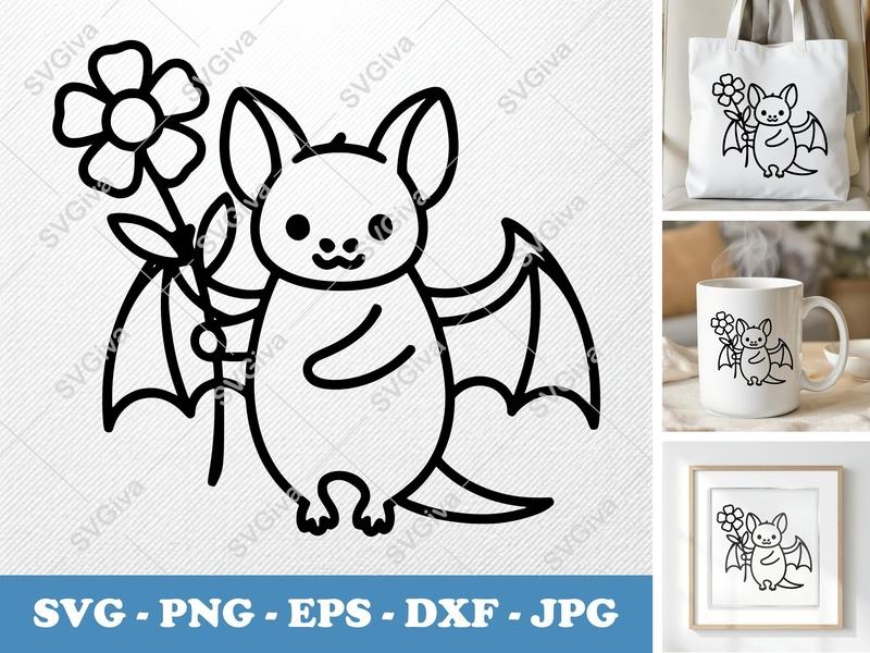 Bat with Flower SVG | Cute Simple Character Design | Bold Outline Vector File | PNG DXF EPS | Cricut Silhouette Ready