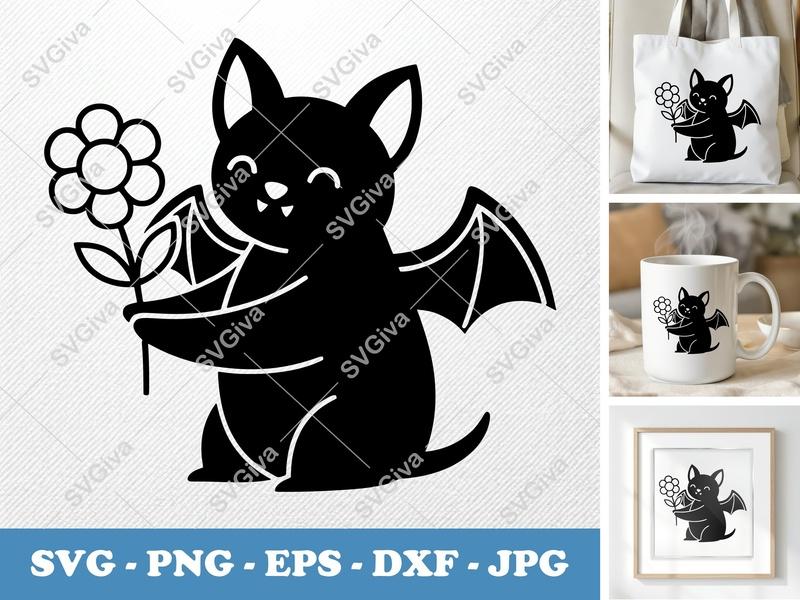 Bat with Flower SVG | Double-Outline Look, Basic Shapes | PNG DXF EPS | Cricut Silhouette File