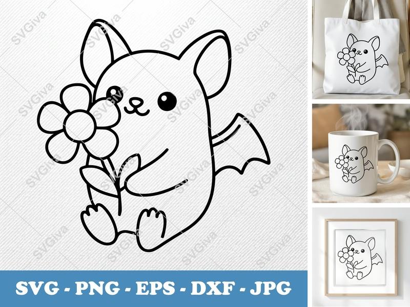 Bat with flower SVG | Friendly Bean-Shaped Cut File | Rounded Body Design | PNG DXF EPS for Cricut Silhouette