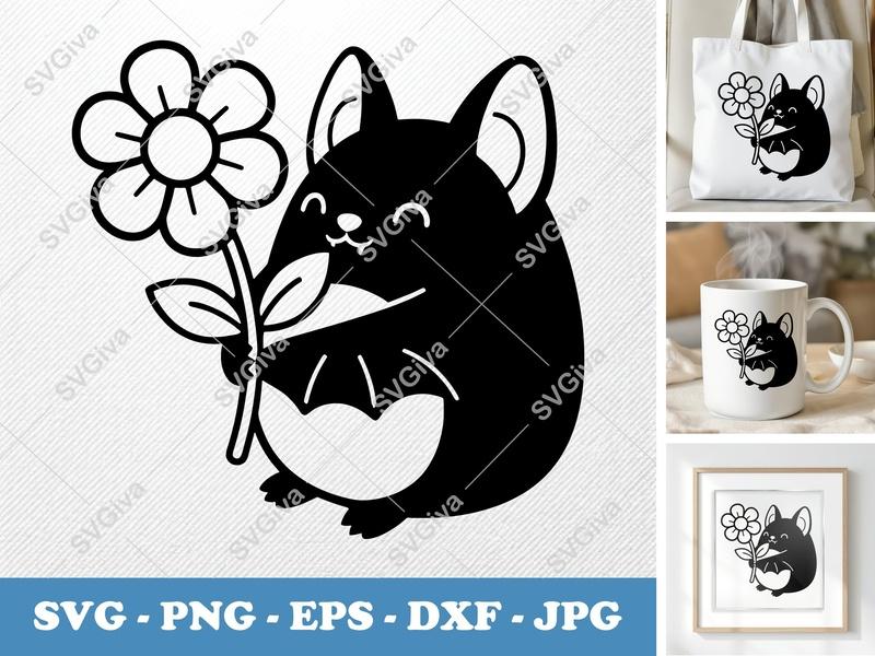Bat with Flower SVG | Puffy Pillow Soft Shapes | PNG DXF EPS | Cricut Silhouette File