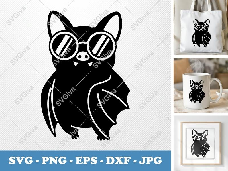 Bat with Glasses SVG PNG EPS DXF | Cool Bat Cut File for Cricut Silhouette | Halloween Animal Vector Design