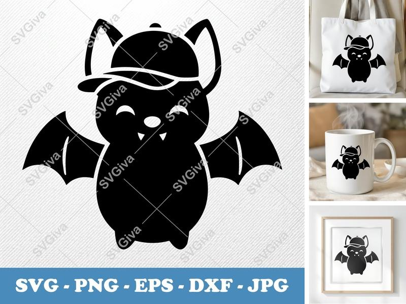 Bat with Hat SVG, Cute Baseball Cap Vampire PNG, EPS, DXF Cut File for Cricut, Halloween Clipart, Spooky Season Design