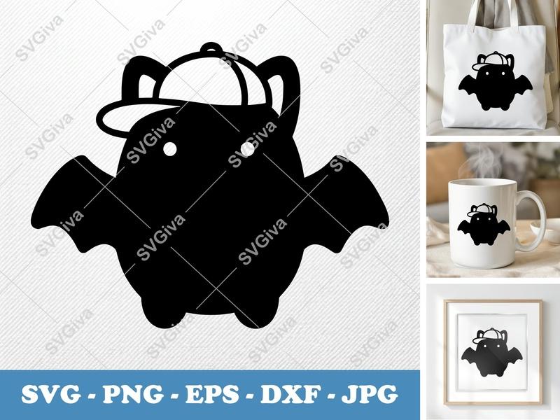 Bat with Hat SVG | Cute Bat PNG, EPS, DXF Cut File for Cricut, Silhouette | Modern Halloween Animal Vector Clipart