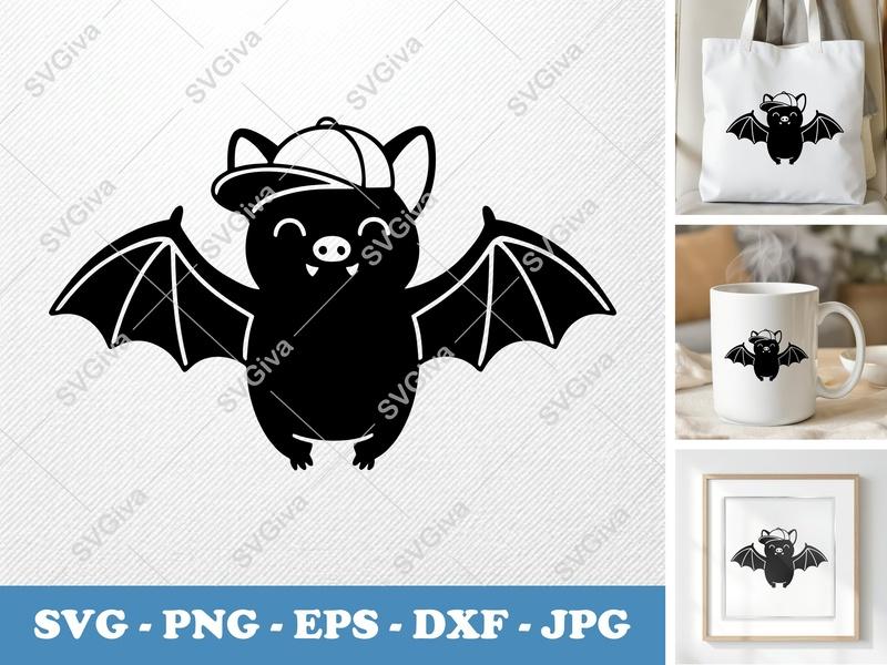 Bat with Hat SVG | Cute Bat PNG, EPS, DXF | Halloween Cricut File | Spooky Season Craft | Animal Silhouette Vector