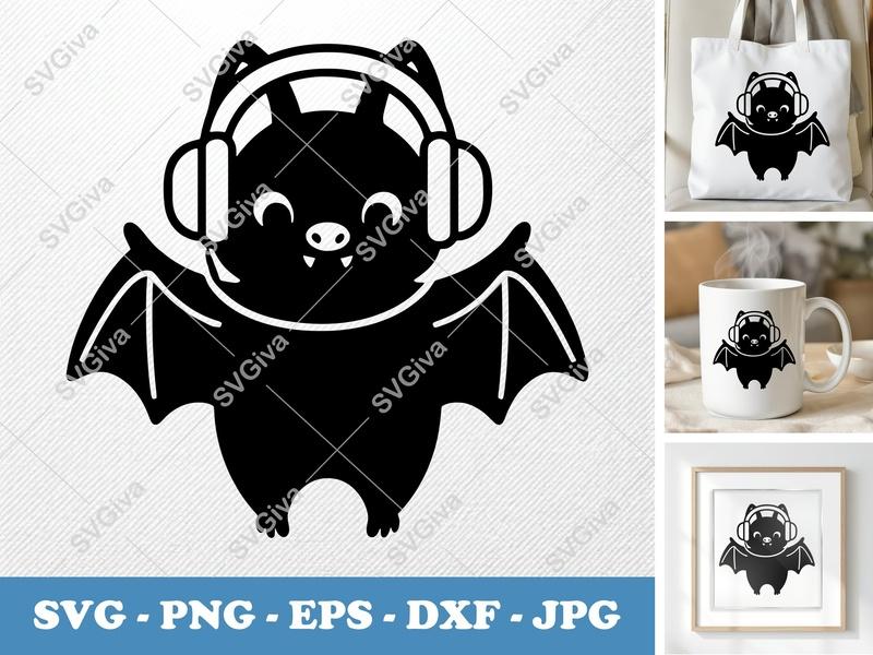 Bat with Headphones SVG, Cute Halloween Music PNG, EPS, DXF Cut File for Cricut & Silhouette, Spooky Party Vector