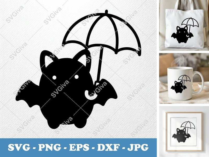Bat with Umbrella SVG, Cute Bat PNG EPS DXF | Halloween Cricut File, Spooky Season Silhouette Design, Digital Download