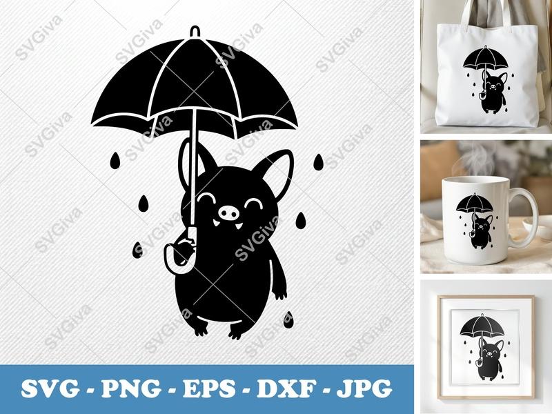 Bat with Umbrella SVG, Cute Bat PNG, Halloween EPS, Raining Bat DXF for Cricut & Silhouette, Spooky Season Clipart