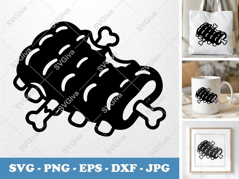 Bbq Ribs SVG | Modern Clean Cartoon Ribs, Partially Eaten | PNG EPS DXF for Cricut & Silhouette | Grilling Food Cut File