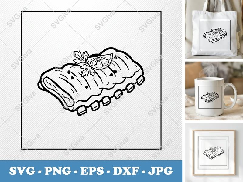 BBQ Ribs with Garnish SVG | Minimalist Line Art | PNG DXF EPS | Cricut Silhouette File