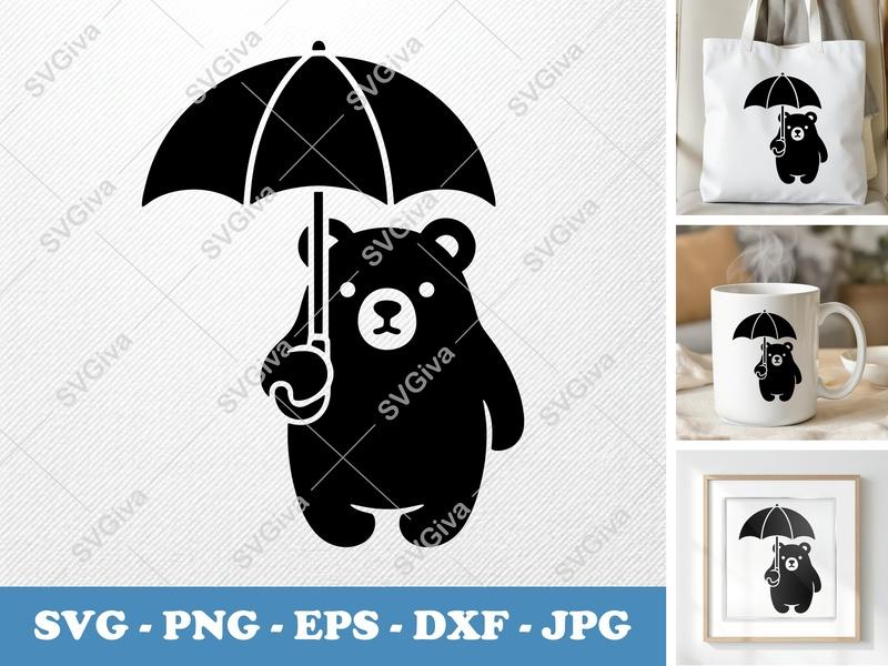 Bear Holding Umbrella SVG PNG DXF EPS | Cute Animal Cut File for Cricut Silhouette