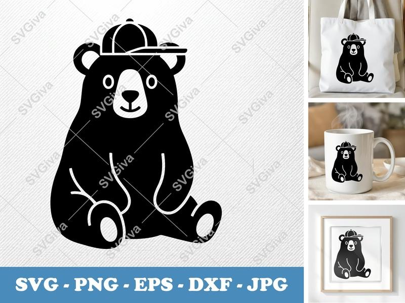 Bear in a Cap SVG | Simple Minimalist Cut File | Bold Black Contour PNG DXF EPS | Cricut Silhouette Design