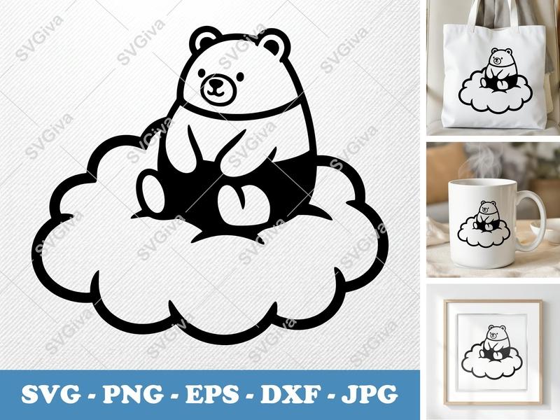 Bear on Cloud SVG | Modern Cute Bear PNG EPS DXF | Cricut & Silhouette Cut File | Nursery Decor Animal Clipart