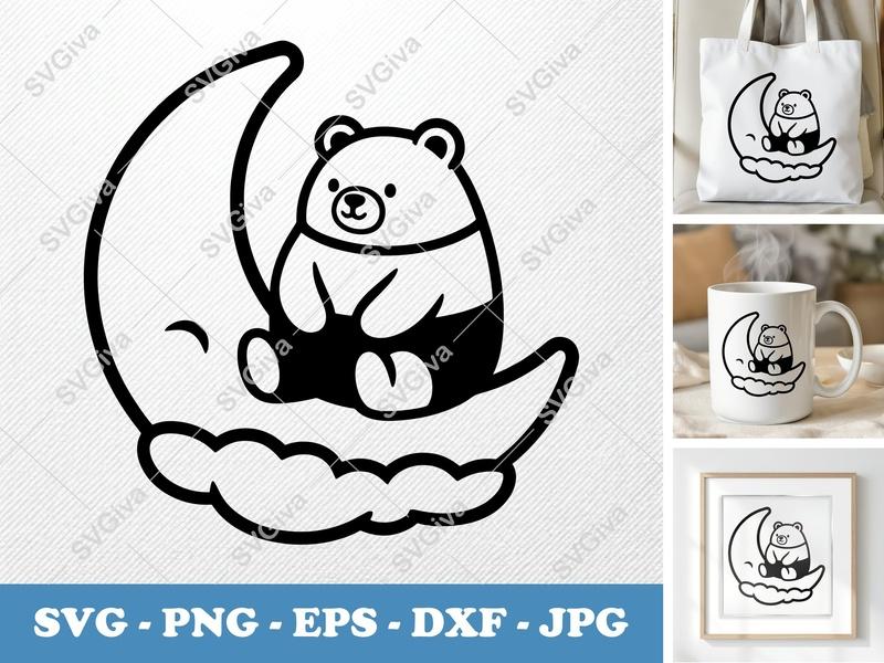 Bear on Moon SVG | Cute Animal Clipart PNG EPS DXF | Night Sky Nursery Decor | Cricut Silhouette Cut File | Modern Baby Shower