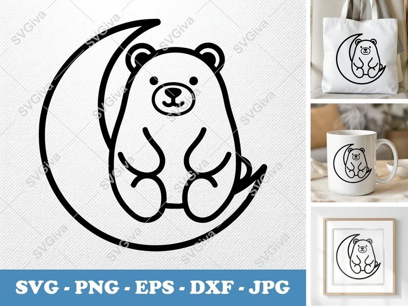 Bear on Moon SVG, Cute Bear Outline PNG, EPS, DXF Cut File for Cricut & Silhouette, Baby Nursery Animal Clipart