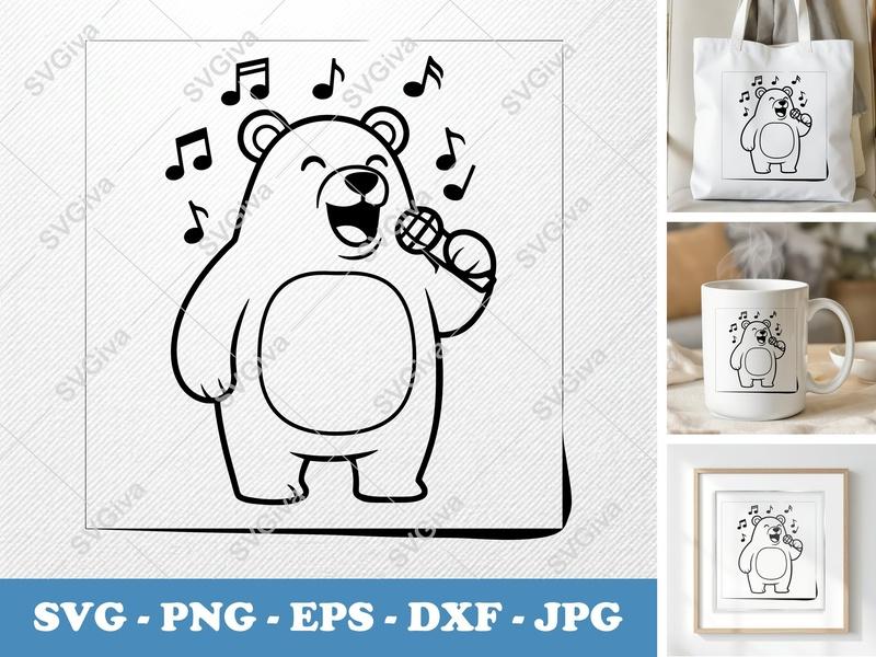 Bear Singing SVG | Friendly Rounded Body Bean-Shaped Cut File | PNG DXF EPS | Cricut Silhouette Vector