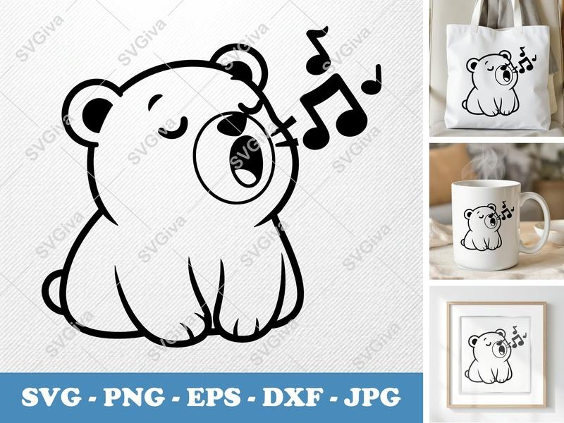 Bear Singing SVG | Puffy Cartoon Bear | Inflated Shapes PNG DXF EPS | Cricut Silhouette Cut File