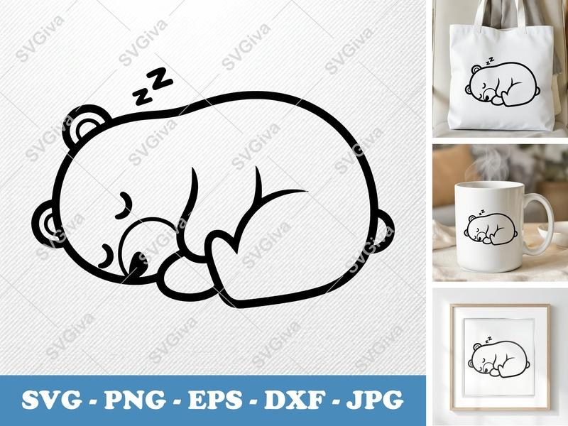 Bear Sleeping SVG | Cute Baby Bear PNG, EPS, DXF | Modern Outline Cut File for Cricut, Silhouette | Nursery Decor