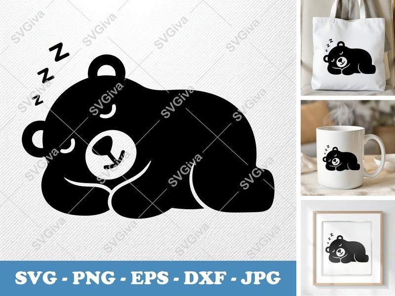 Bear Sleeping SVG, Cute Napping Bear PNG, EPS, DXF | Modern Animal Cut File for Cricut, Silhouette, Nursery Decor