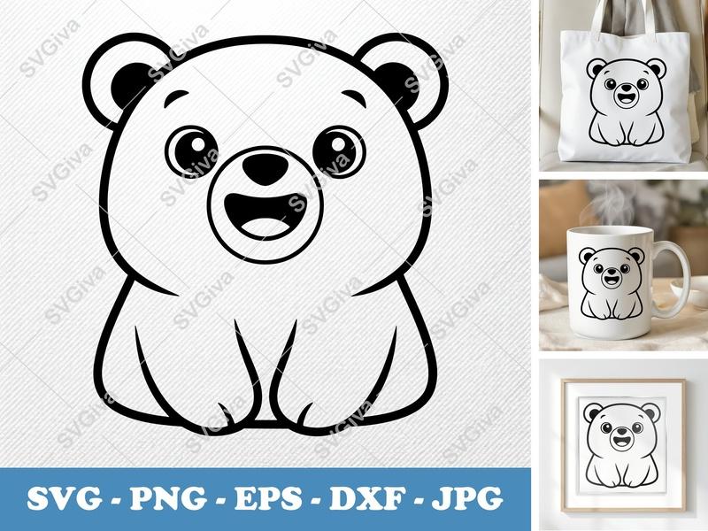 Bear Smiling Happily SVG | Puffy Inflated Shapes Cut File | PNG DXF EPS | Cricut Silhouette Vector