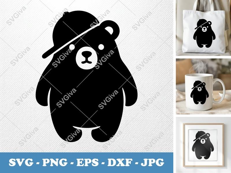 Bear SVG | Cartoon Bear with Hat Cut File | Modern Animal Clipart | PNG EPS DXF for Cricut & Silhouette