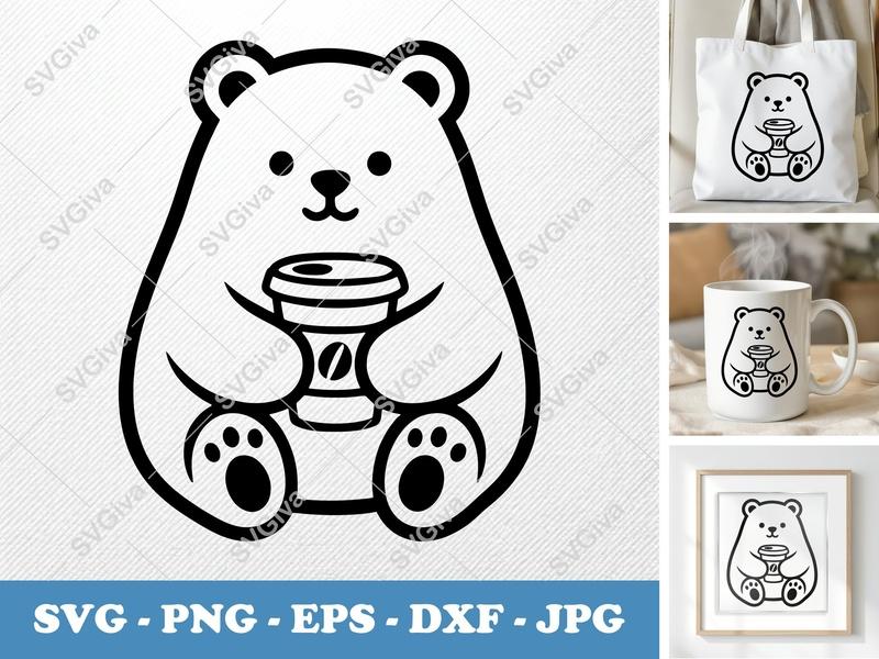 Bear SVG | Coffee Cup Bear Clipart | Modern Cartoon Animal | EPS, DXF, PNG | Cricut, Silhouette Cut File