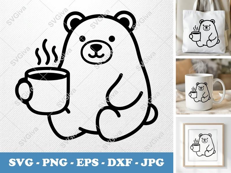 Bear SVG, Coffee Mug Cut File, Modern Cute Animal Clipart, PNG EPS DXF for Cricut & Silhouette, Digital Download