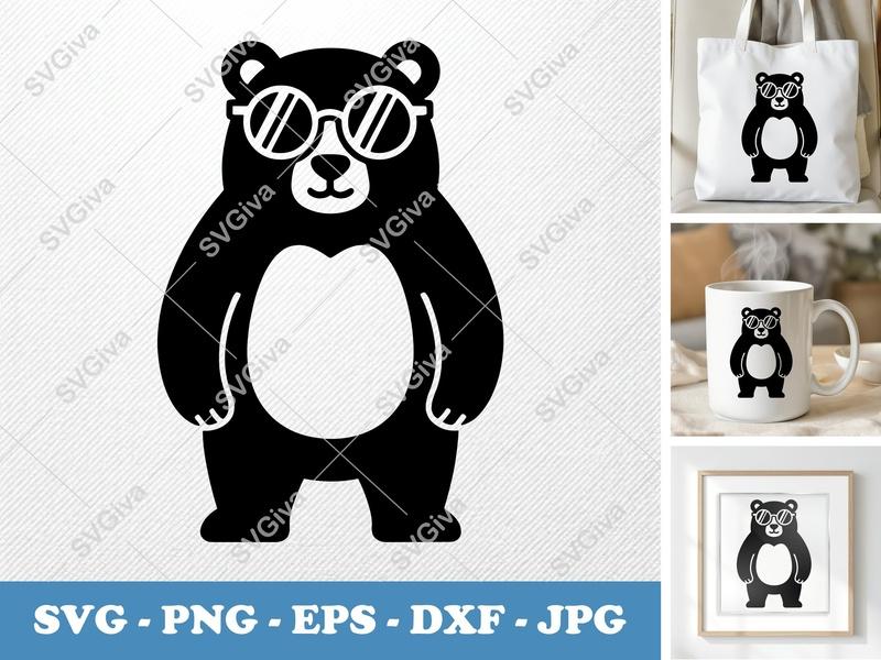 Bear SVG | Cool Bear with Glasses | Modern Animal Clipart | PNG EPS DXF | Cricut & Silhouette Cut File