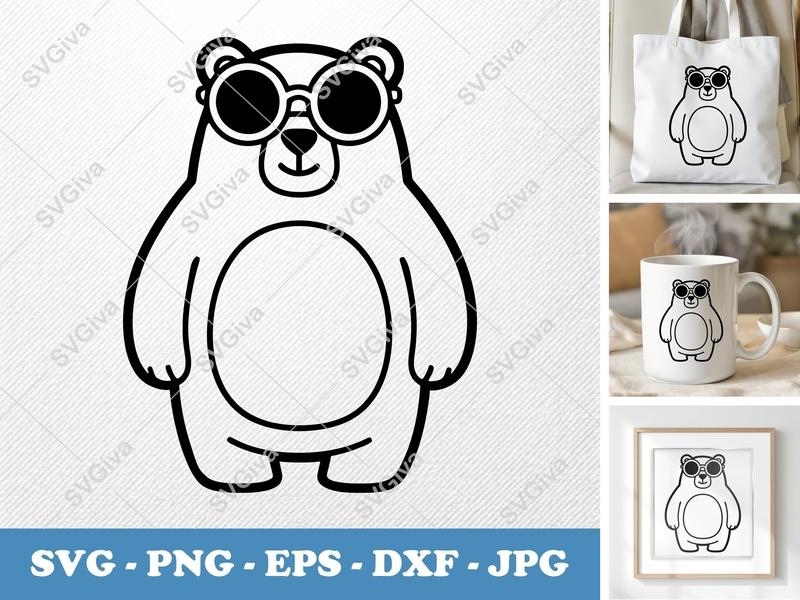 Bear SVG, Cool Bear with Sunglasses PNG EPS DXF | Modern Cartoon Animal Cut File for Cricut & Silhouette
