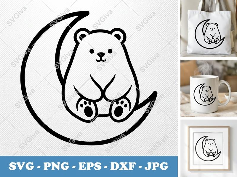Bear SVG | Cute Bear on Moon | Modern Animal Digital Download | PNG EPS DXF for Cricut & Silhouette