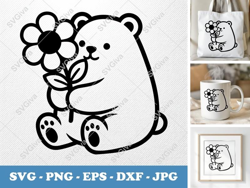 Bear SVG | Cute Bear with Flower Cut File | Modern Animal Clipart | PNG EPS DXF for Cricut & Silhouette