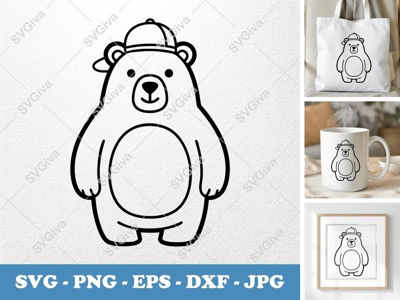 Bear SVG, Cute Bear with Hat, Modern Animal Cut File, PNG EPS DXF for Cricut & Silhouette, Kids Craft Decor