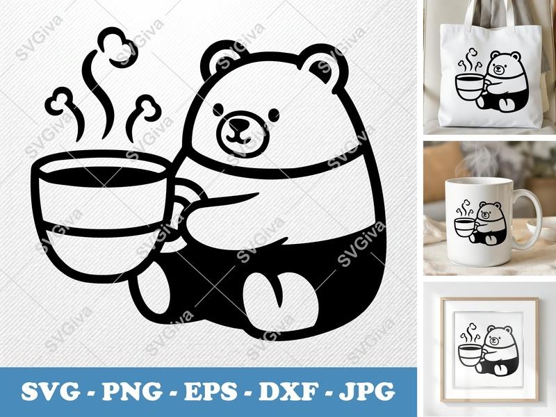 Bear SVG | Cute Coffee Bear Cut File | Modern Animal Tea Drinker | PNG EPS DXF for Cricut & Silhouette